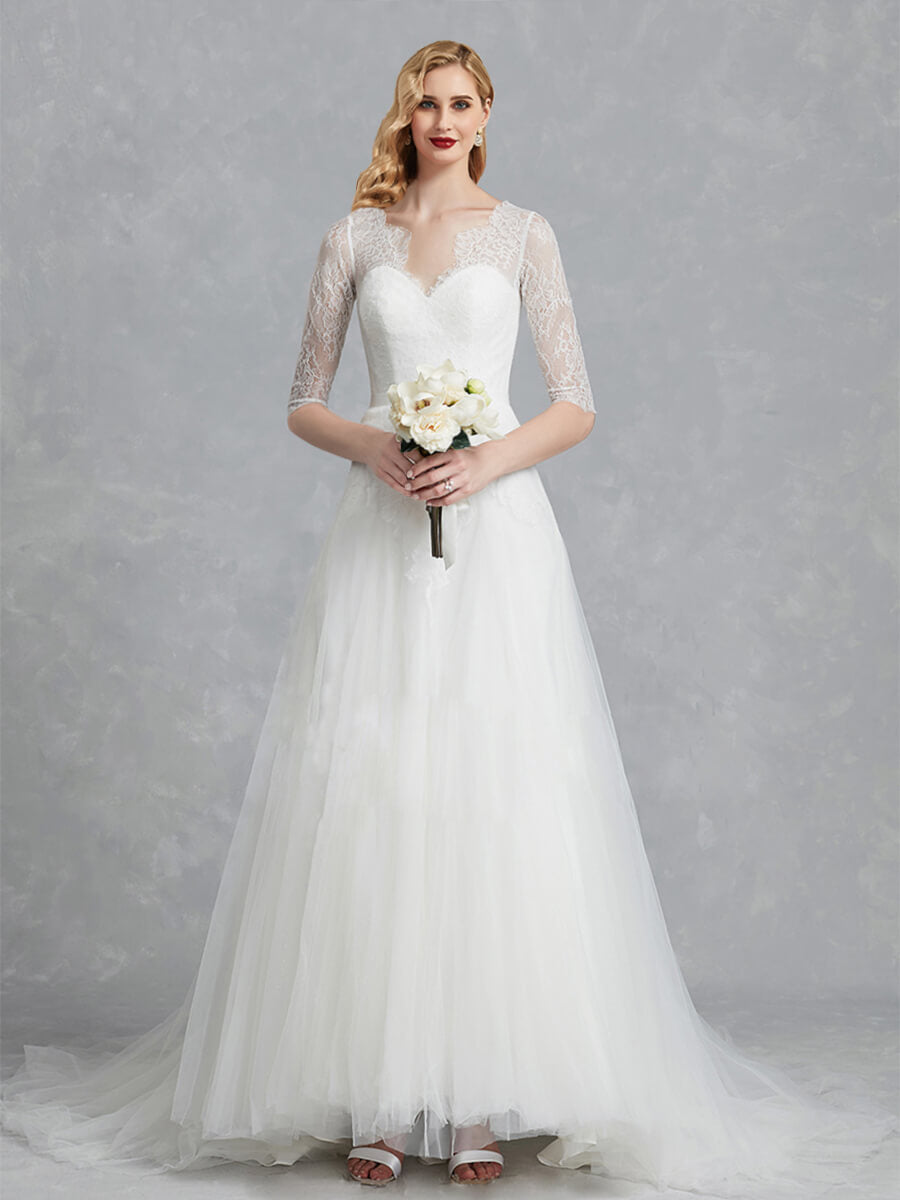 1/2 Sleeve Illusion Sweetheart A-Line Floor Length Soft Lace Wedding Gown For Brides