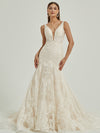 White Sheer V-Neck Sleeveless Tulle Lace Open Back Gown Dress with Train-Amora