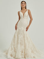 White Sheer V-Neck Sleeveless Tulle Lace Open Back Gown Dress with Train-Amora