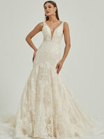 Beautiful White Sheer V-Neck Sleeveless Tulle Lace Open Back Gown Dress with Train Amora