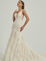 White Sheer V-Neck Sleeveless Tulle Lace Open Back Gown Dress with Long Train Amora