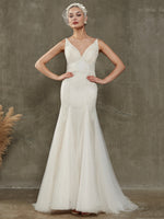 Diamond White Sparkling Tulle V-Neck Sleeveless Open Back Sequin Wedding Dress with  Train Zuri