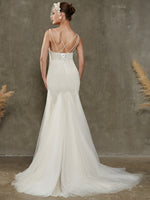 Diamond White Sparkling Tulle V-Neck Sleeveless Open Back Sequin Wedding Dress with Chapel Train 