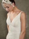  Sparkling Tulle V-Neck Sleeveless Open Back Sequin Wedding Dress with Chapel Train Zuri