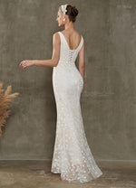 Diamond White Convertible V Neck Sleeveless Wedding Dress with Detachable Train Remi Elegant 