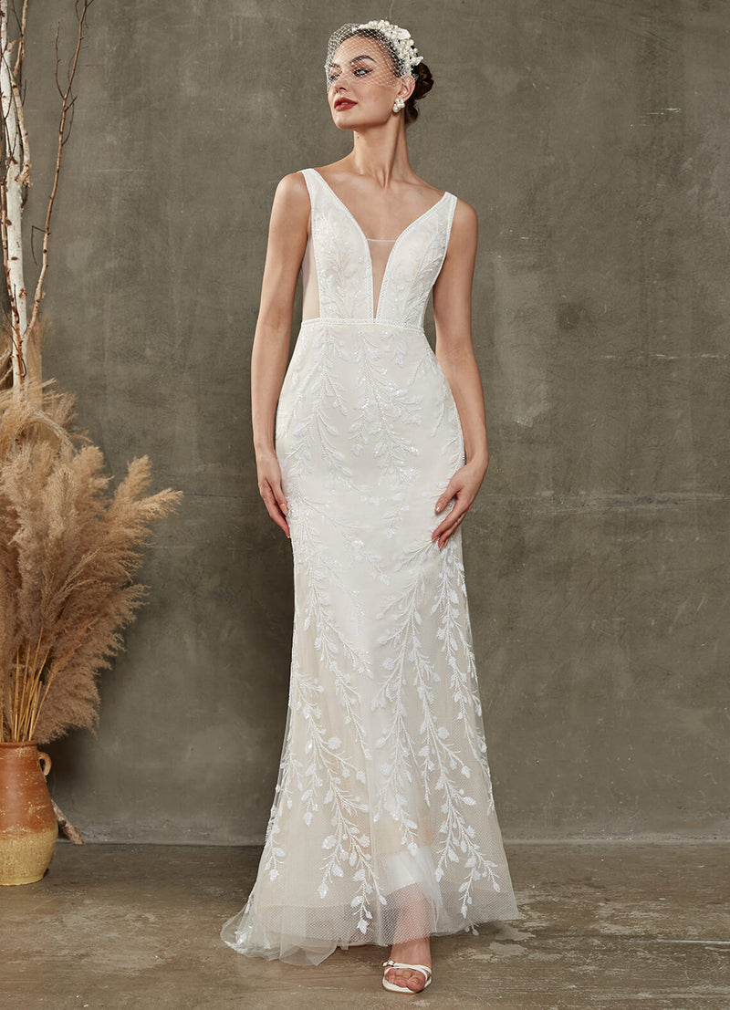Elegant   Convertible Diamond White V Neck Sleeveless Wedding Dress with Detachable Train Remi