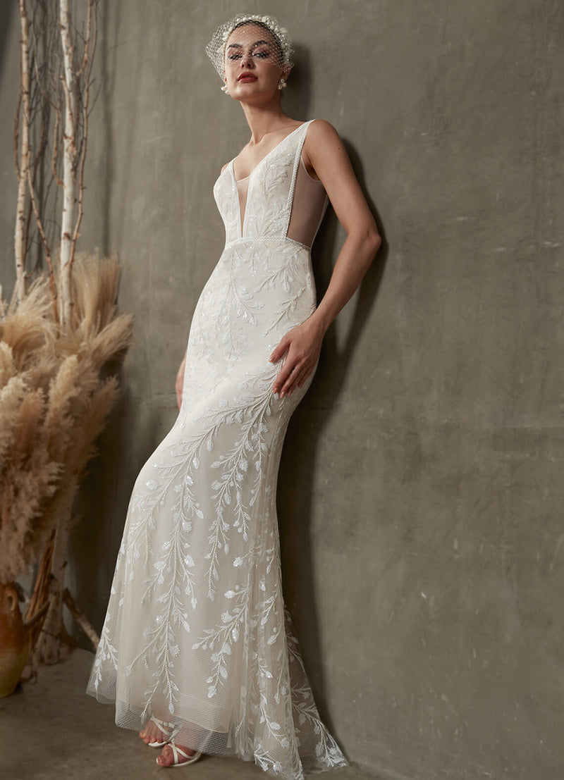 Convertible Elegant  Diamond White V Neck Sleeveless Wedding Dress with Detachable Train Remi