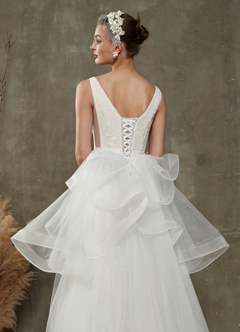 Convertible Elegant Diamond White V Neck Sleeveless Wedding Dress with Detachable Train-Remi