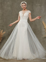  Diamond White Elegant Illusion Lace Tulle Cap Sleeve Mermaid Wedding Dress with Train Bellisima