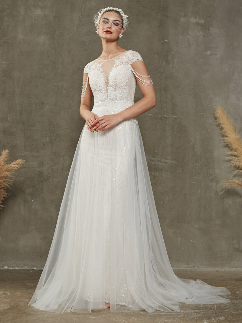  Diamond White  Illusion Lace Tulle Cap Sleeve Mermaid Wedding Dress with Elegant Train Bellisima