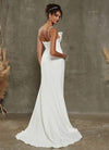 Diamond White Crepe Double Flower High Low Asymmetrical Wedding Dress with Train 
