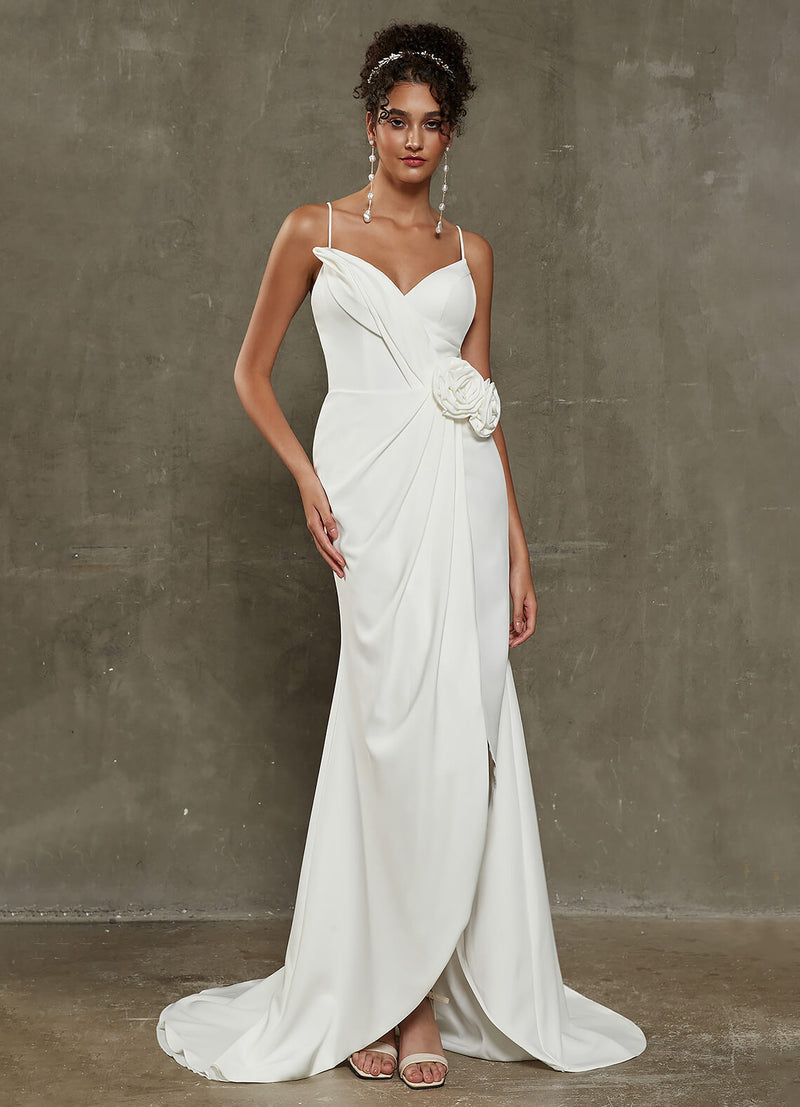 Diamond White Crepe Double Flower High Low Asymmetrical  Wedding Dress with Train Violet