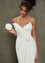 Diamond White Crepe Double Flower High Low Asymmetrical Wedding Dress with Train-Violet