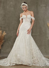 Diamond White Convertible Sparkling Off Shoulder Strapless Sleeveless Diamond White Mermaid Dress with Cathedral Train Eden