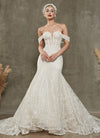 Diamond White Convertible Sparkling Off Shoulder Strapless Sleeveless Diamond White Mermaid Dress with Cathedral  Train