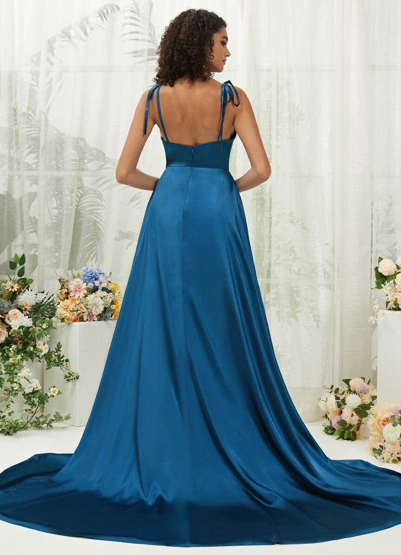 Ink Blue Satin Slit Sweetheart Adjustable Straps Pocket Evening Formal Gown with Train Juliet