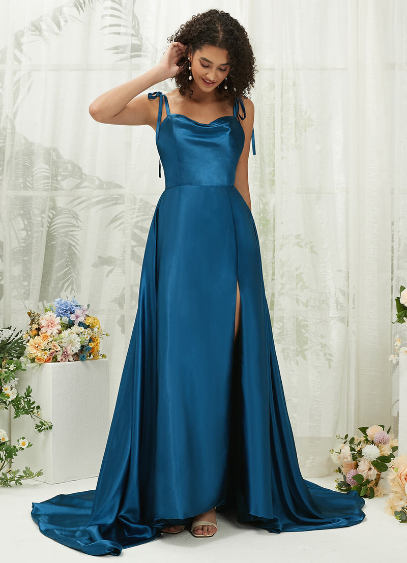 Satin Slit Sweetheart Adjustable Straps Pocket Evening Formal Gown with Train Juliet