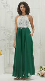 Emerald Green Lace Halter Neck Backless Chiffon Slit Bridesmaid Dress