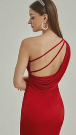 Red Silk Satin One Shoulder Slit Cowl Backless Party Bridesmaid Dress