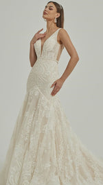 Sheer V Neck Sleeveless Tulle Lace Open Back Wedding Gown With Train