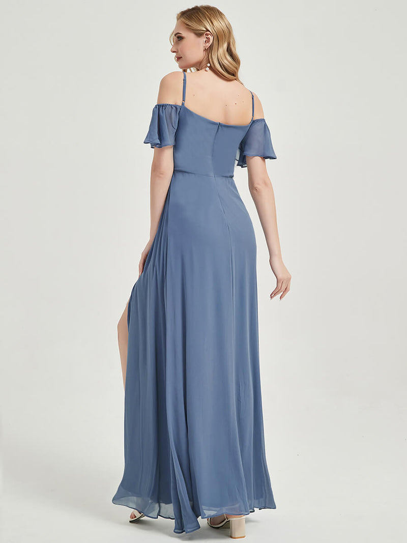 Slate Blue Deep V Neckline Split Bridesmaid Dress-Sue