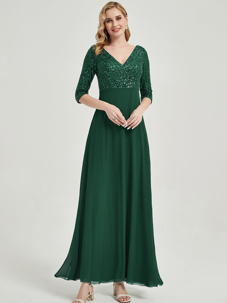 Emerald Green Sleeves Sequined Formal Dress-Lowa