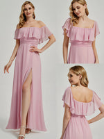 [Final Sale] Mauve Convertible Ruffle Sleeves Chiffon Maxi Slit Bridesmaid Dresses