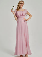 [Final Sale] Mauve Convertible Ruffle Sleeves Chiffon Maxi Slit Bridesmaid Dresses