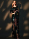 Green Gold Backless Long Sleeve Sequin Floor Length Mermaid Evening Formal Dress