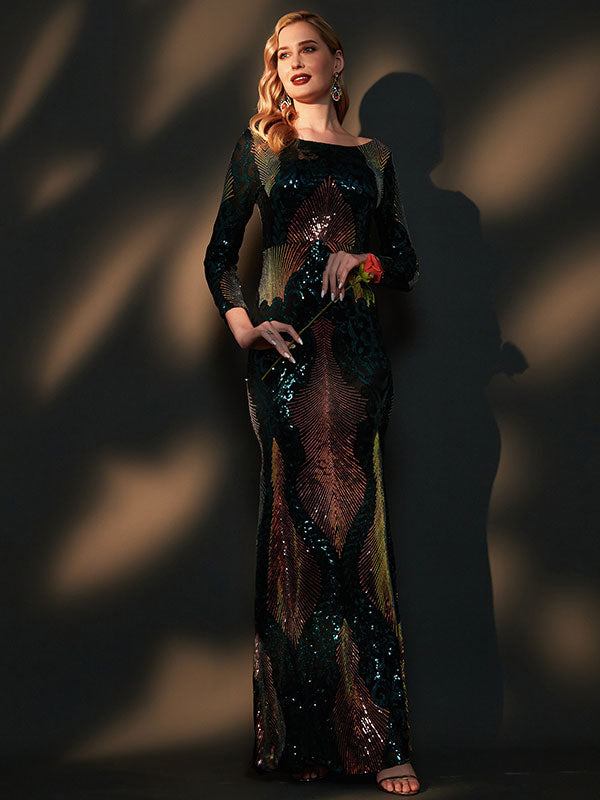 Green Gold Backless Long Sleeve Sequin Maxi Mermaid Evening Dress