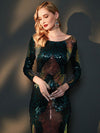 Green Gold Backless Long Sleeve Sequin Floor Length Mermaid Evening Formal Dress details