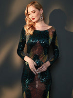 Green Gold Backless Long Sleeve Sequin Floor Length Mermaid Evening Formal Dress details