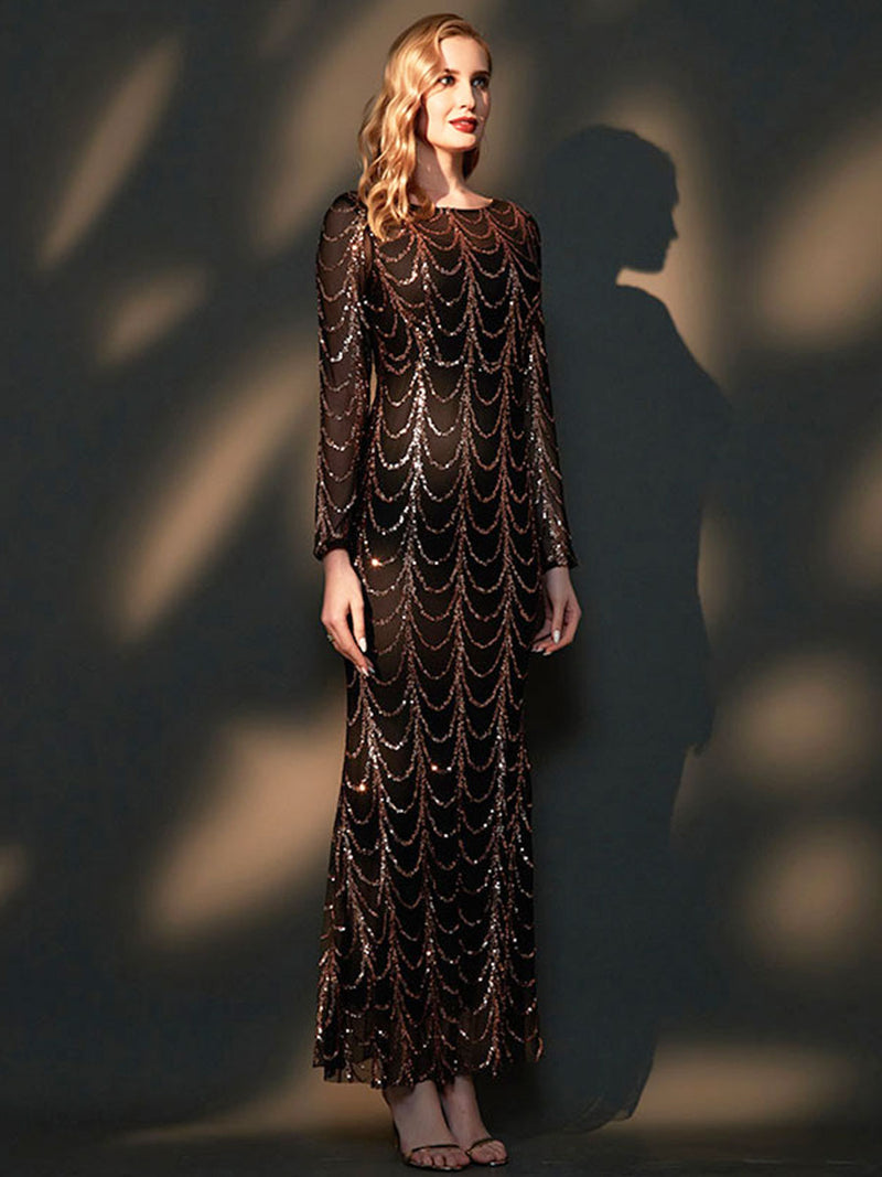 Black Sequins Sleeves Mermaid Evening Gown