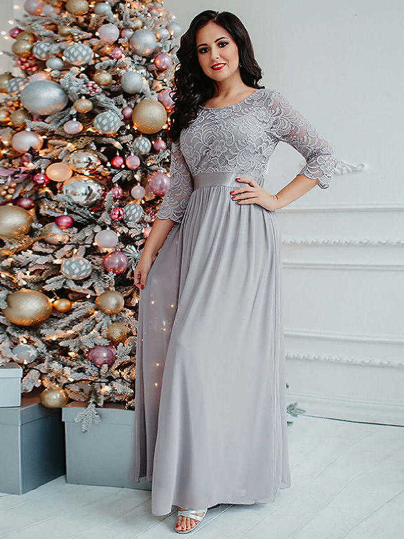 [Final Sale] Gray Plus Size Sleeve Lace Mother of the Bride Dress-Darline