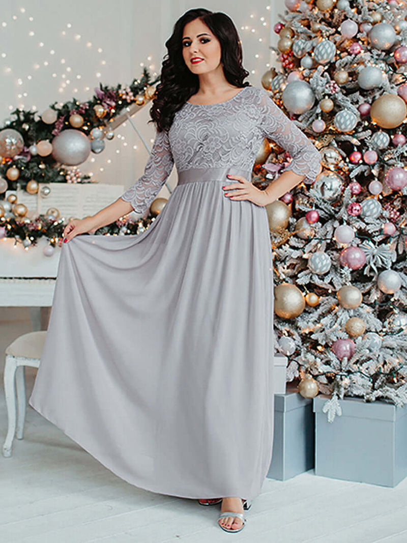 [Final Sale] Gray Plus Size Sleeve Lace Mother of the Bride Dress-Darline