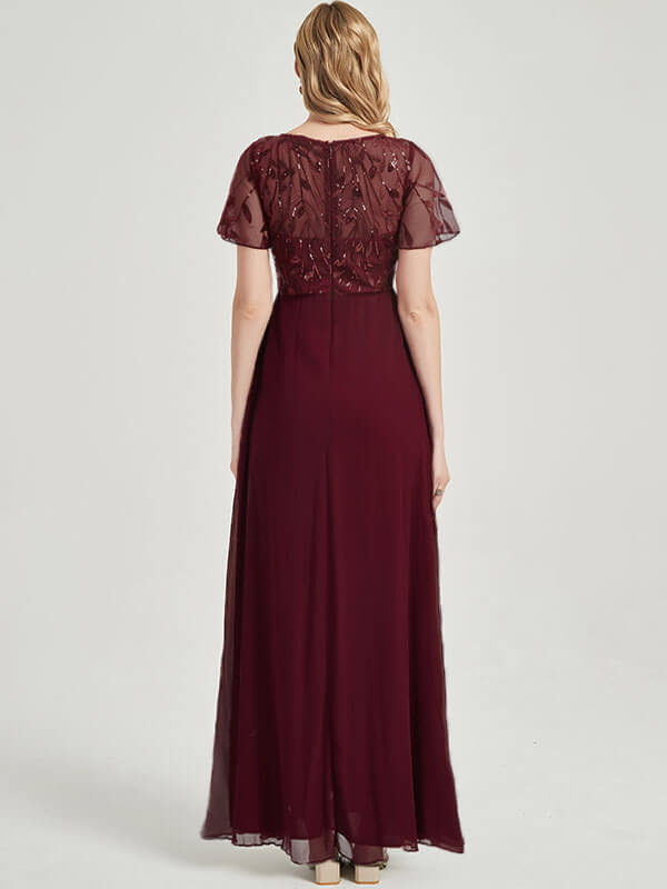 Burgundy Chiffon Sequined Mother Dress-Pamela