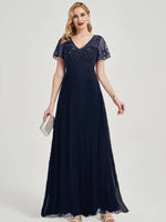 Navy Blue Leaf Sequined V Neck Ruffle Sleeves Chiffon Evening Dress