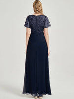 Navy Blue Leaf Sequined V Neck Ruffle Sleeves Chiffon Evening Dress