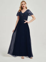 Navy Blue Leaf Sequined V Neck Ruffle Sleeves Chiffon Evening Dress