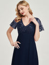 Navy Blue Leaf Sequined V Neck Ruffle Sleeves Chiffon Evening Dress