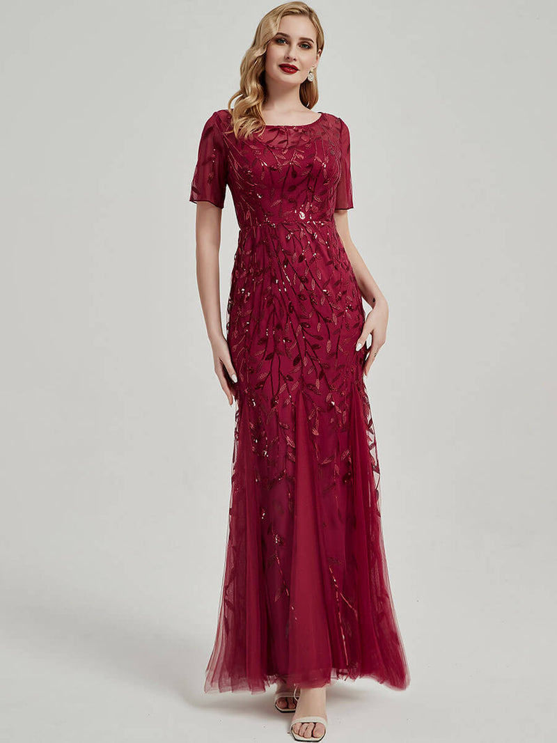 Burgundy Sequin Tulle Mermaid Evening Dress-Nomi