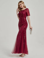 Sequin Tulle With Sheer Sleeves Evening Dress