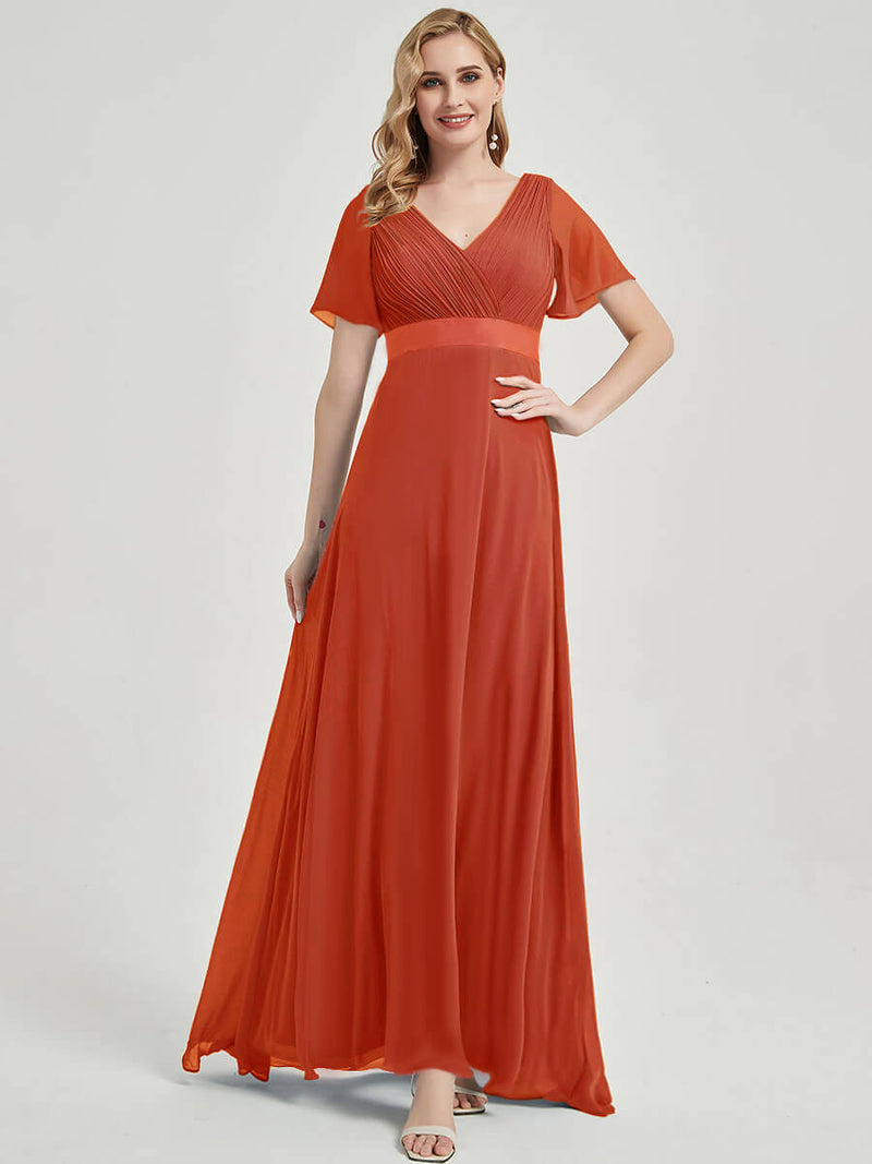 Burnt Orange Ruffle Sleeve Chiffon Bridesmaid Dresses