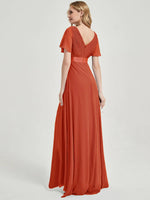 Burnt Orange Ruffle Sleeve Chiffon Bridesmaid Dresses