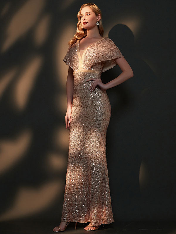 [Final Sale] Champagne Gold Batwing Sleeves Maxi Mermaid Formal Gown