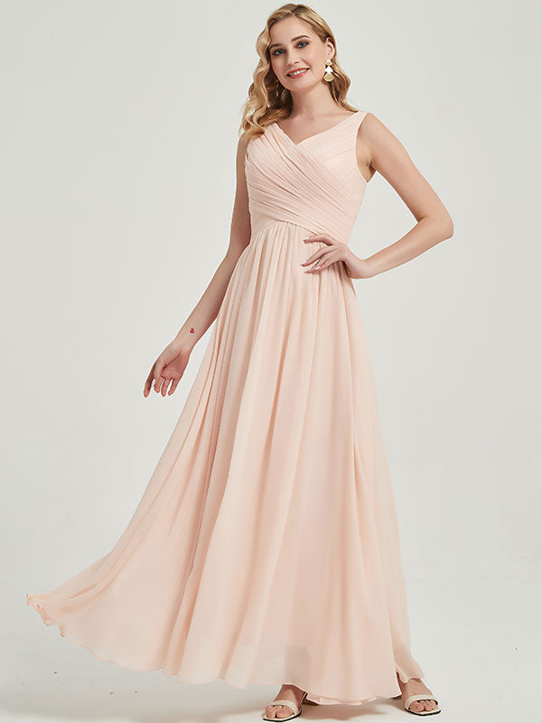 Pearl Pink V-neckline Pleated Classic Bridesmaid Dress