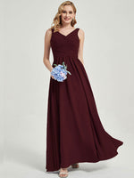 Burgundy V-neckline Pleated Classic Bridesmaid Dress