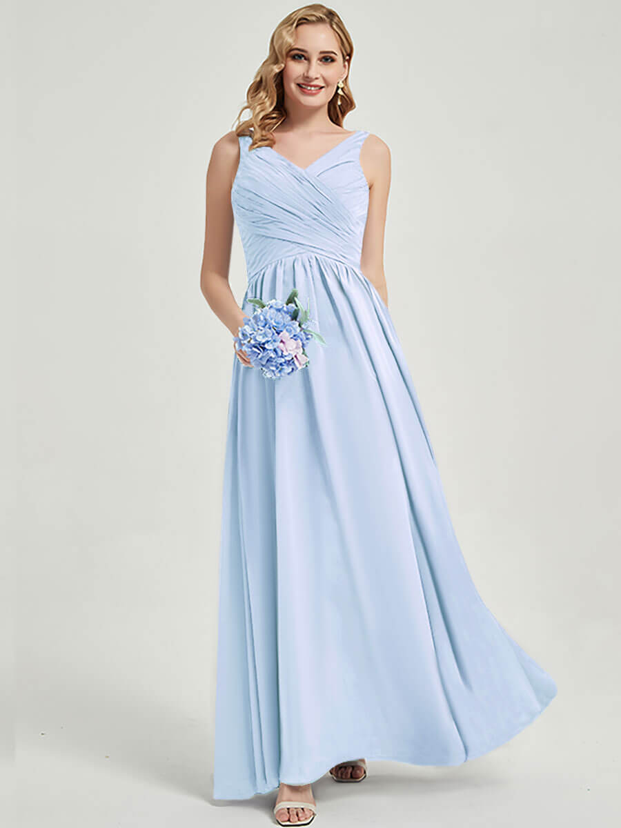 Cornflower Blue V-neckline Pleated Classic Bridesmaid Dress