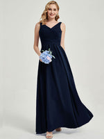 Dark Navy V-neckline Pleated Classic Bridesmaid Dress