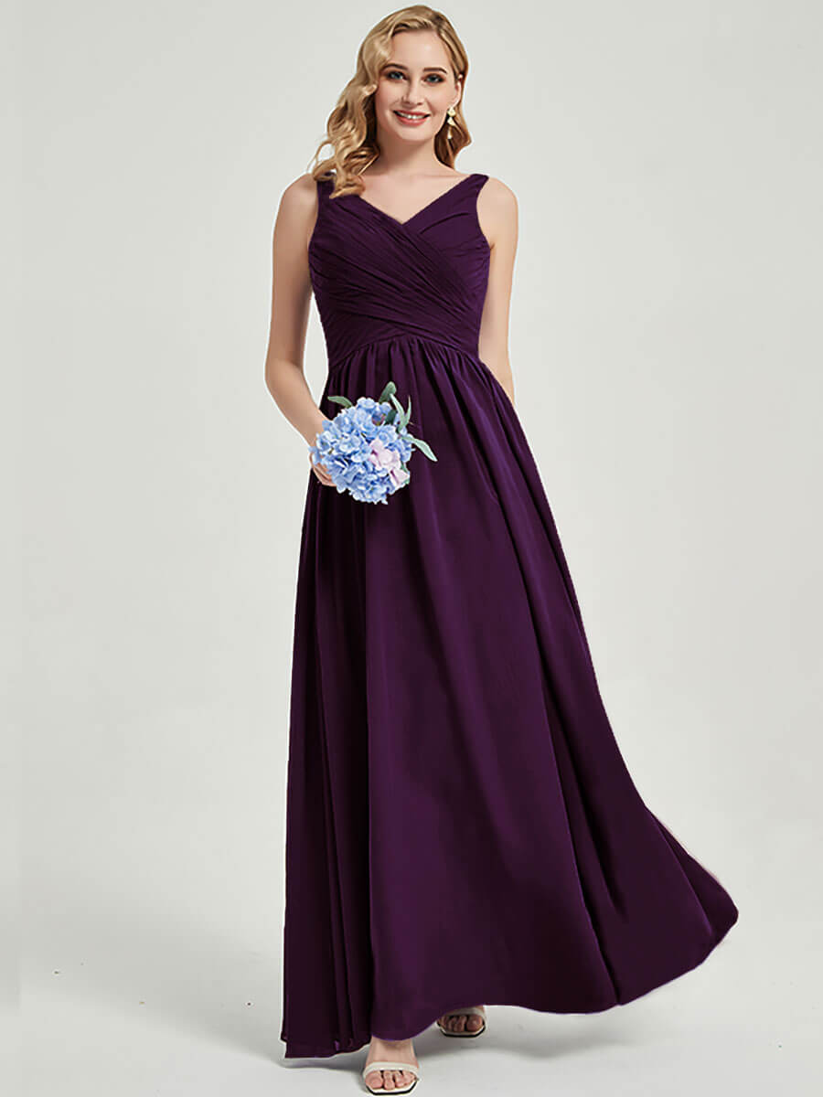 Plum V-neckline Pleated Classic Bridesmaid Dress